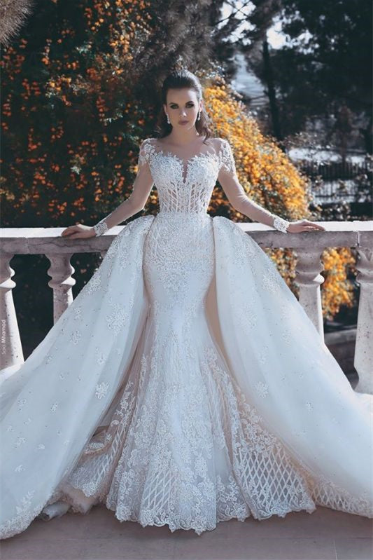 Wedding Dress Featuring Long Sleeves, Lace Appliques, and a Detachable Mermaid Skirt
