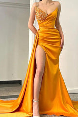 Gorgeous Champagne Sweetheart Mermaid Long Prom Dress Split With Beads