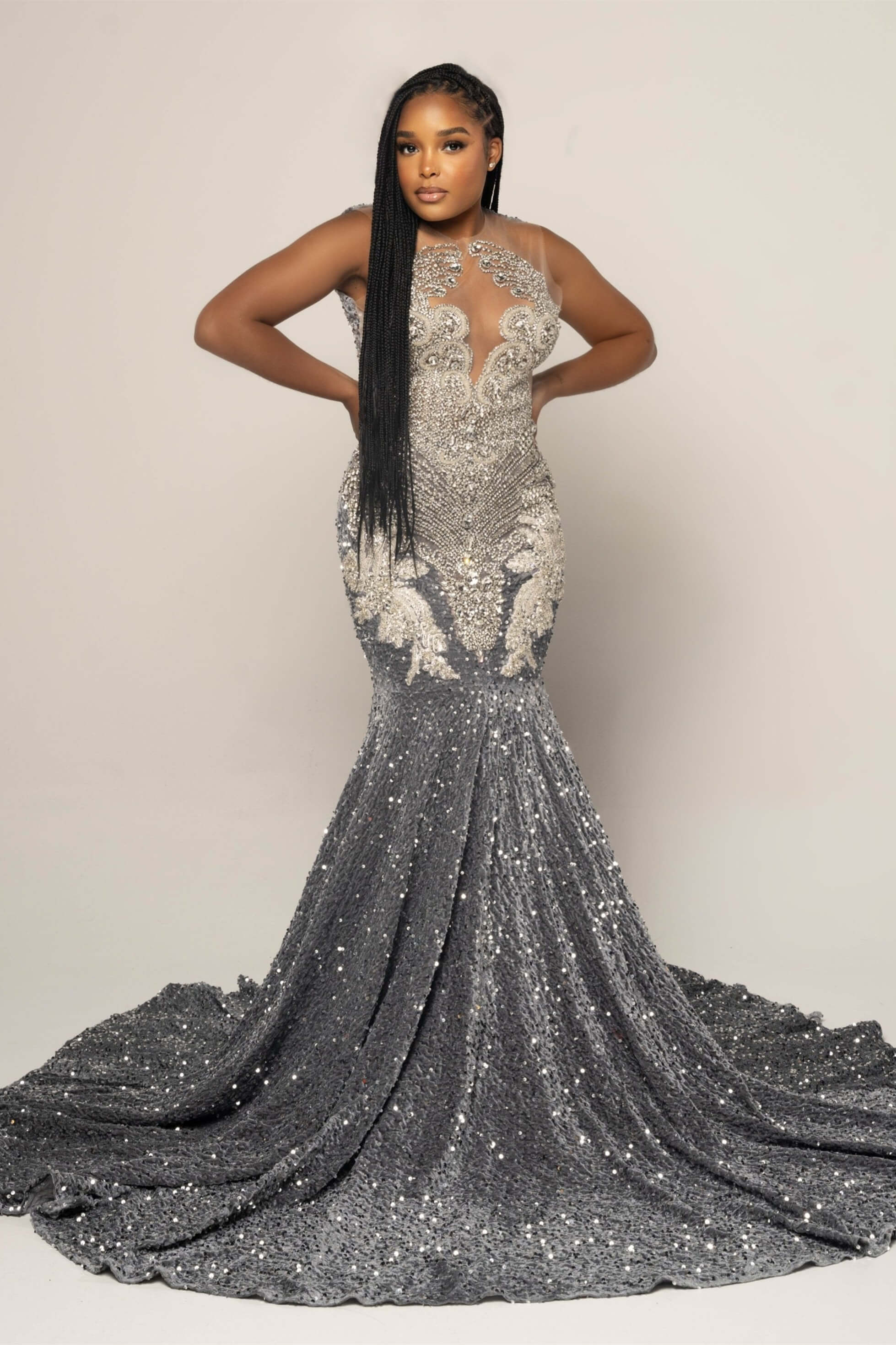 Stunning Silver Grey Mermaid Sequins Prom Dress Scoop Sleeveless On Sale
