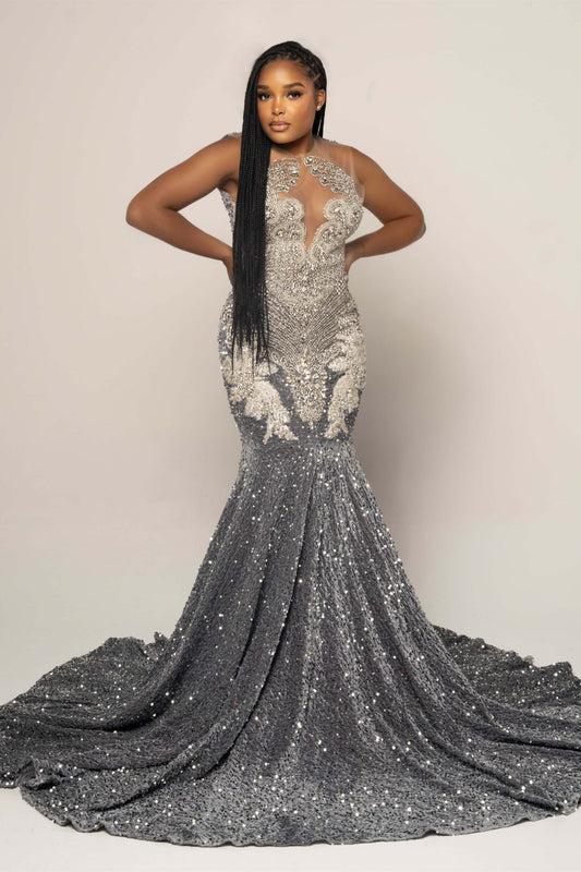 Stunning Silver Grey Mermaid Sequins Prom Dress Scoop Sleeveless On Sale