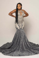 Stunning Silver Grey Mermaid Sequins Prom Dress Scoop Sleeveless On Sale