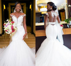 Mermaid Wedding Dress with Stunning Lace Appliques and Cap Sleeves