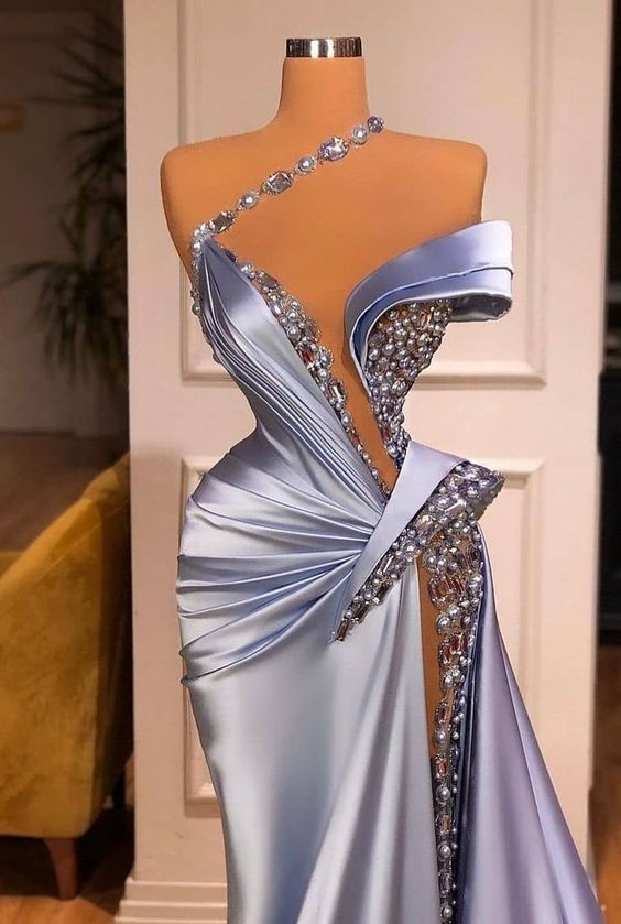  Off-the-Shoulder Mermaid Prom Dress Long Beadings with High Split