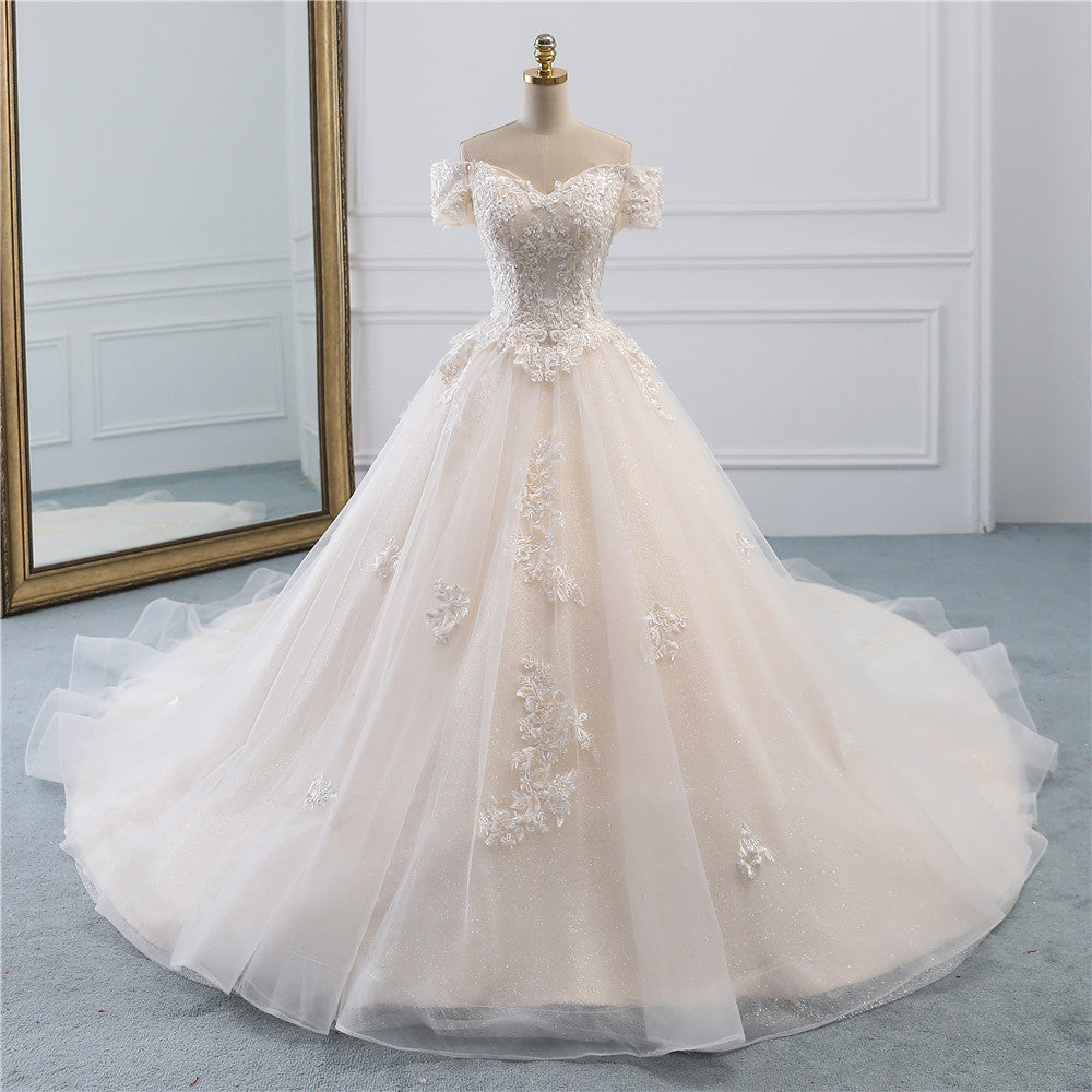 Elegant Off-the-Shoulder Princess Wedding Gown in Tulle with Lace Appliques