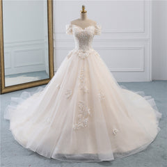 Elegant Off-the-Shoulder Princess Wedding Gown in Tulle with Lace Appliques