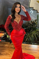 Gorgeous Red V-Neck Long Sleeves Mermaid Prom Dress With Sequins