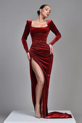 Chic Burgundy Square Long Sleeve Prom Dress Mermaid Split Velvet