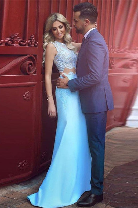 Modern Baby Blue Lace Prom Dress Mermaid Long