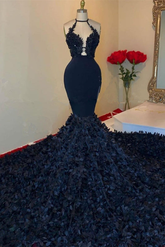 Dark Navy Halter V-Neck Mermaid Prom Dress with Applique