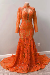 Gorgeous Orange High-Neck Long Sleeves Prom Dress Mermaid Sequins