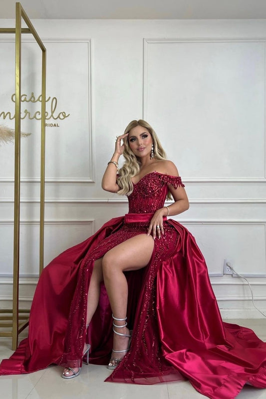 Charming Red Long Off-the-shoulder Sleeveless Sequins Prom Dress Long Slit Online |