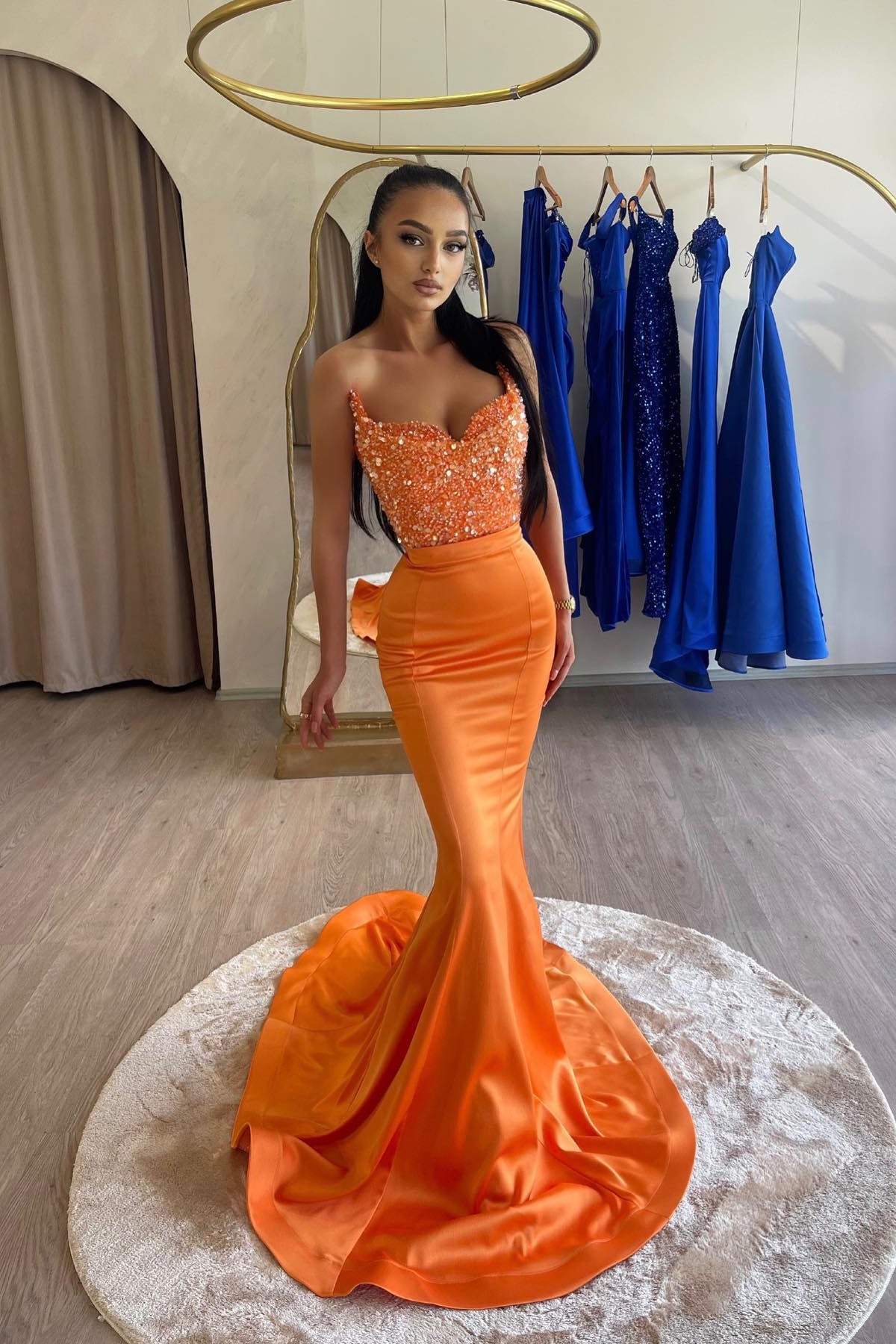 Chic Orange Sweetheart Sleeveless Mermaid Prom Dress With Sequins