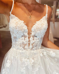 Long A-line Wedding Dress in Lace Tulle with Deep V-neck and Spaghetti-Straps Backless Design