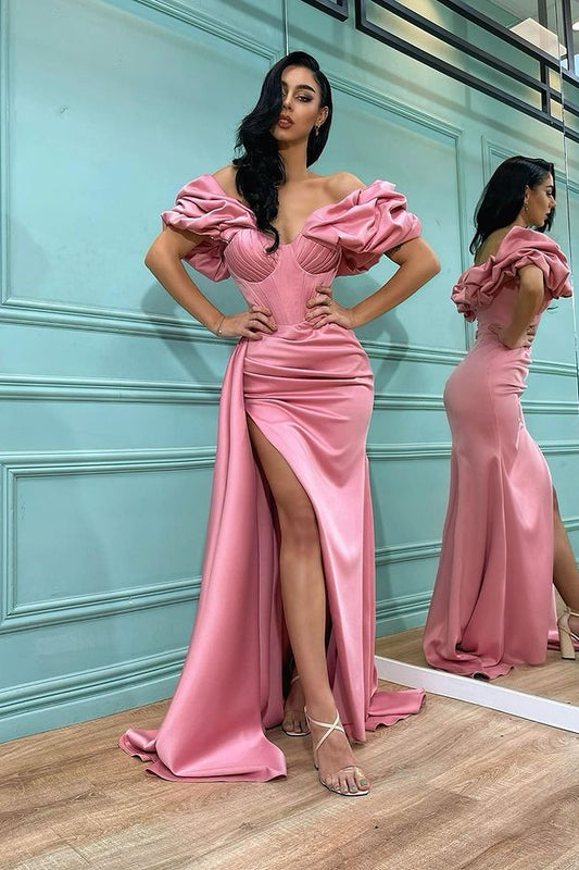 Classic Pink Off-the-Shoulder Split Prom Dress Long Mermaid