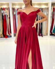 Off-the-Shoulder Burgundy Long Prom Dress With Slit