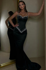 Black Beaded Prom Dress Long Straps Sweetheart Mermaid Formal Dress YH0057