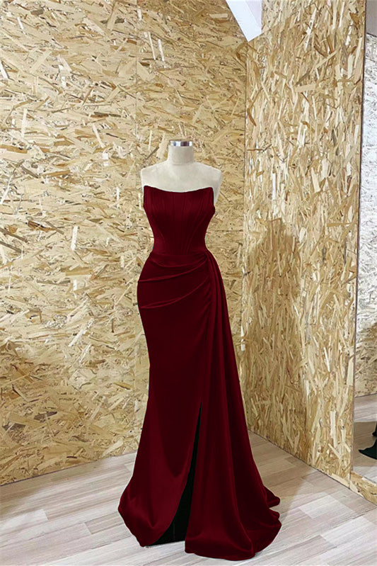 Gorgeous Dark Green Strapless Long Mermaid Prom Dress with Pleats Ruffles