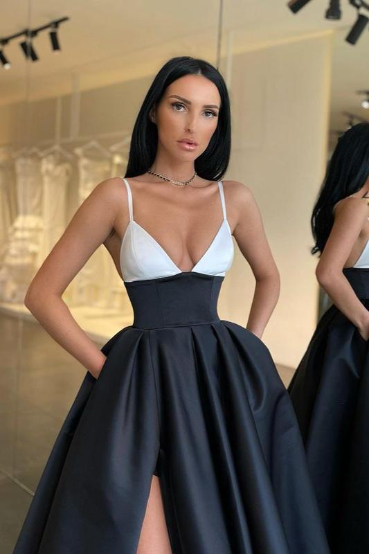 Black and White Spaghetti-Straps Prom Dress With Slit