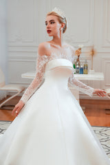 Elegant A-Line Satin Wedding Dress with Off-the-Shoulder Lace Long Sleeves