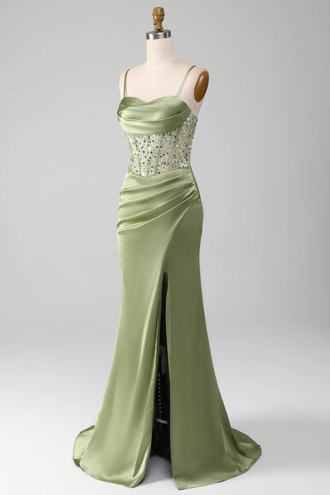 Sage Green Sequins Mermaid Prom Dress Sleeveless Spaghetti Straps