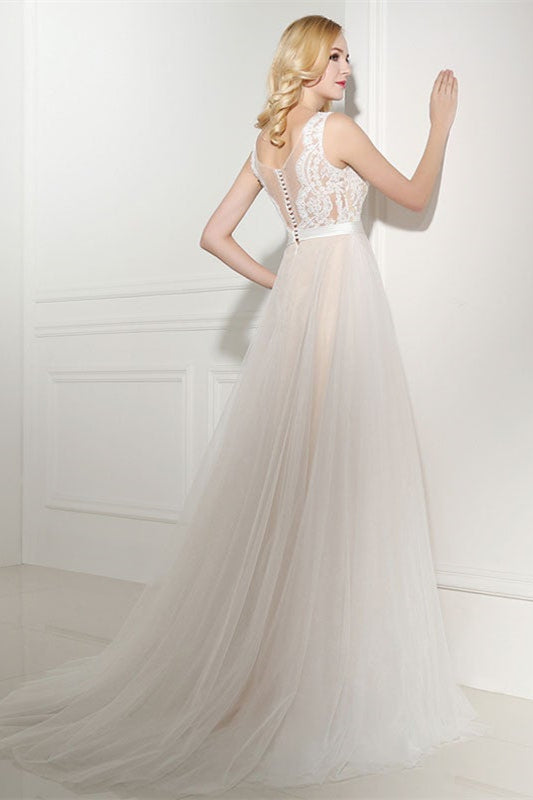 Wedding Dress in Champagne Tulle with Lace