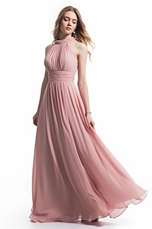 Pink Chiffon Prom Dress Halter Sleeveless Long Pleated