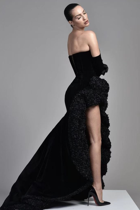 Black Evening Dress Half Sleeves Off-the-Shoulder High Slit