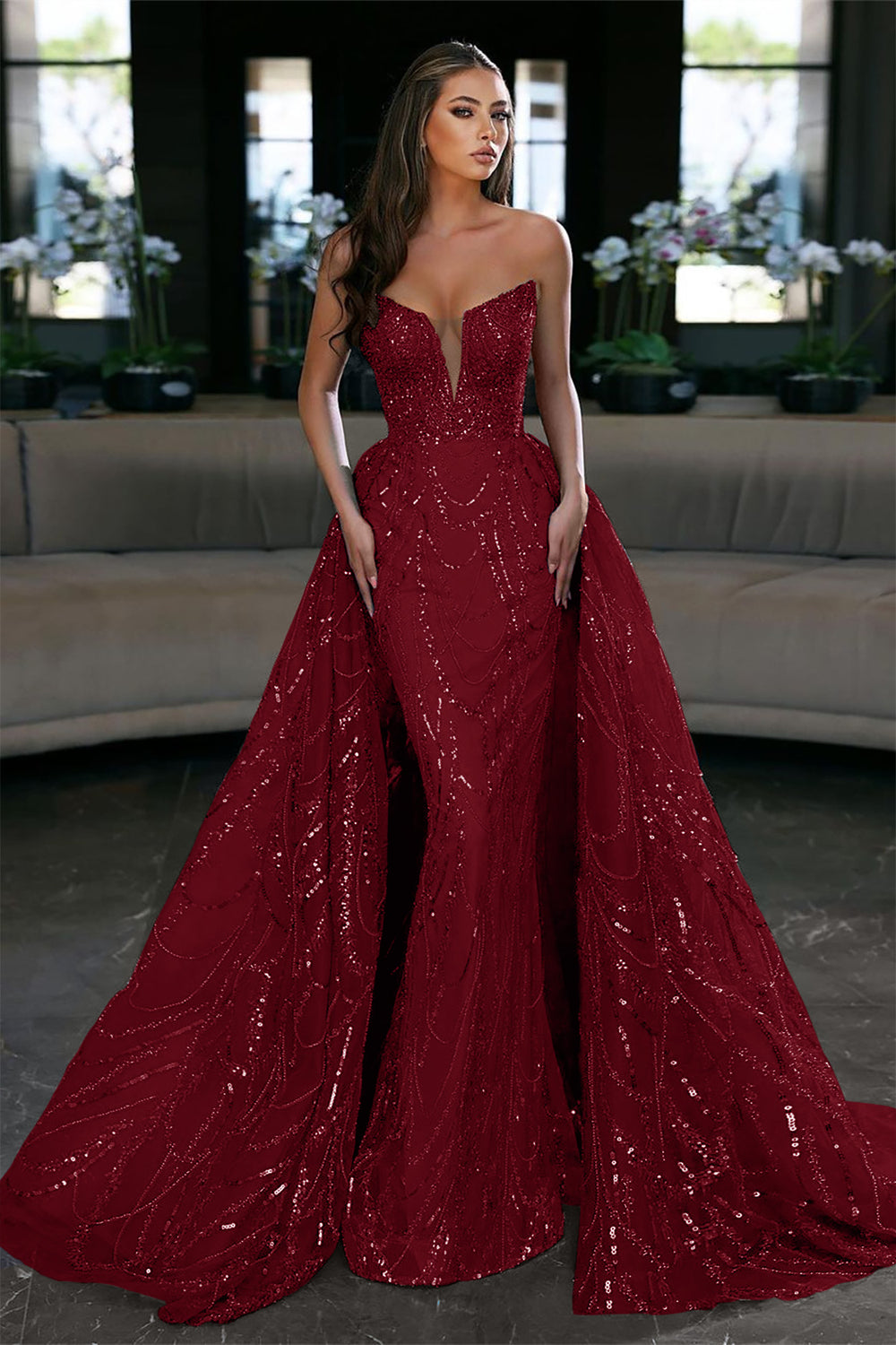 Glamorous Ocean Blue V Neck Strapless Prom Dress with Sequins