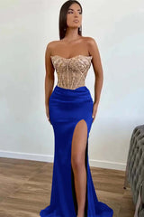  Dark Green Beaded Mermaid Prom Dress Strapless Slit Sequins Gown