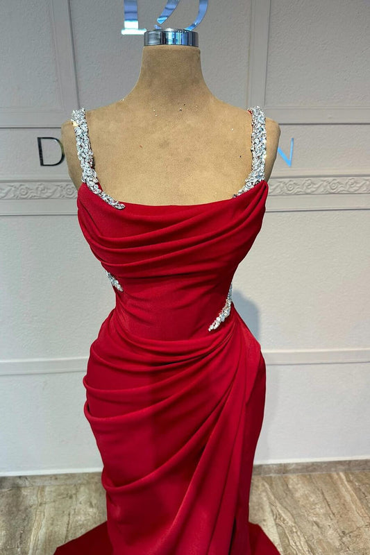 Fabulous Red Straps Sleeveless Mermaid Prom Gown With Split Crystals