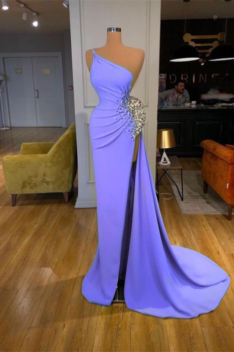 Elegant One Shoulder Long Prom Dress Mermaid With Beads Slit