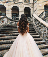 Elegant A-line Long Tulle Wedding Gown with Off-the-shoulder Neckline and Chapel Train