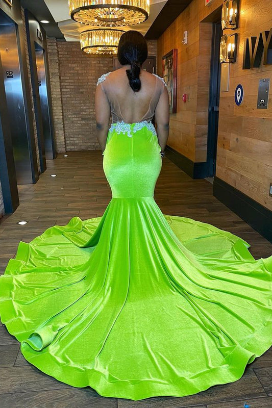 Stunning Green Cap Sleeves Mermaid Prom Dresses Long With Lace Appliques