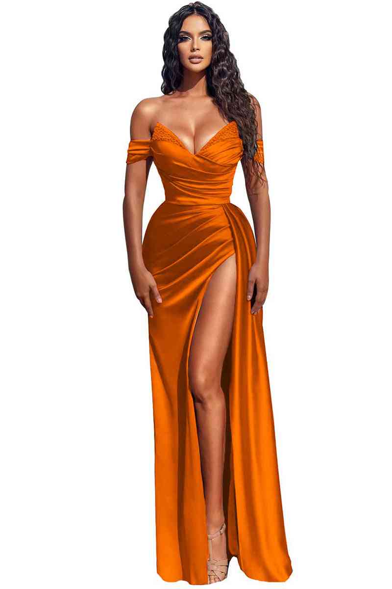 Modern Off-the-Shoulder Dusty Blue Mermaid Prom Dress With Slit