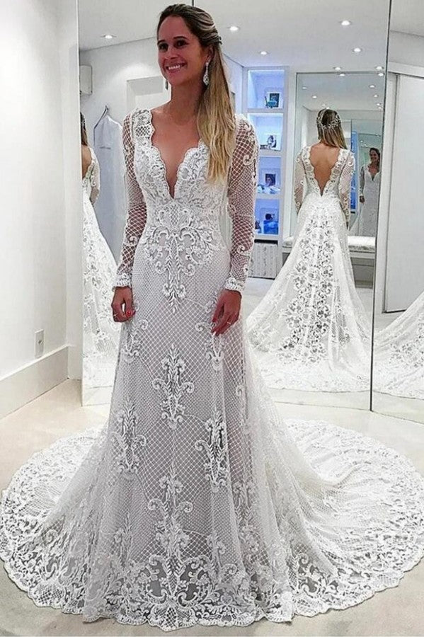 Elegant Deep V-neck Backless Long-Sleeved A-Line Bridal Gown with Pearl Appliques and Lace