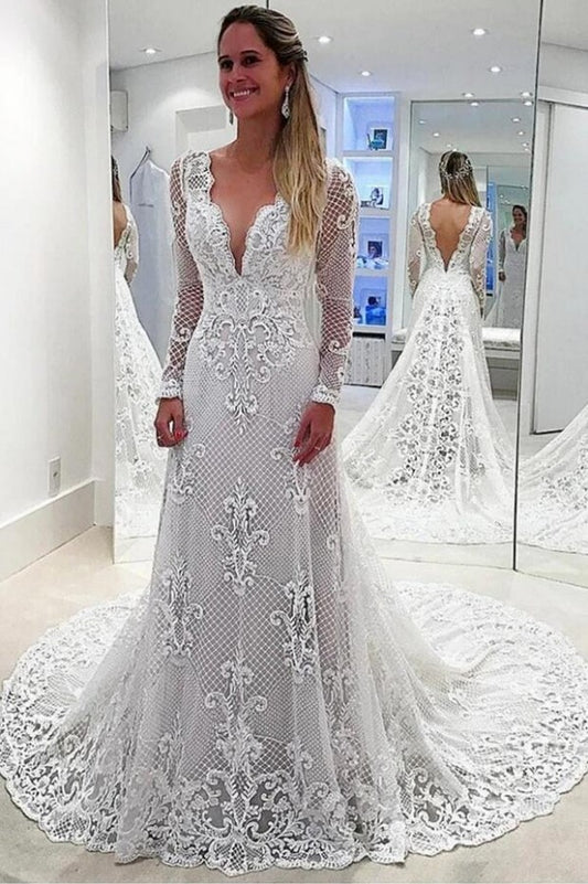 Elegant Deep V-neck Backless Long-Sleeved A-Line Bridal Gown with Pearl Appliques and Lace