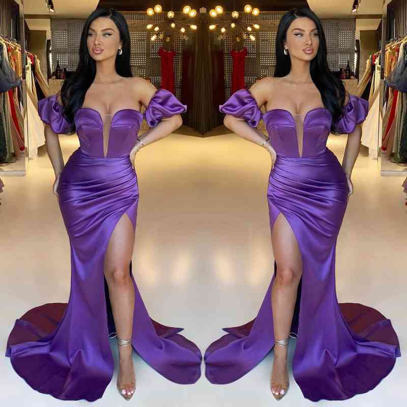 Classy Purple Off-the-Shoulder Prom Dress Mermaid Slit Long With Pleats