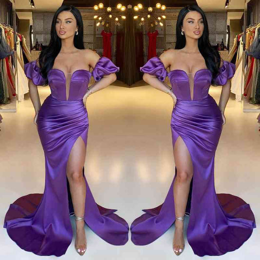 Classy Purple Off-the-Shoulder Prom Dress Mermaid Slit Long With Pleats