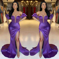 Classy Purple Off-the-Shoulder Prom Dress Mermaid Slit Long With Pleats
