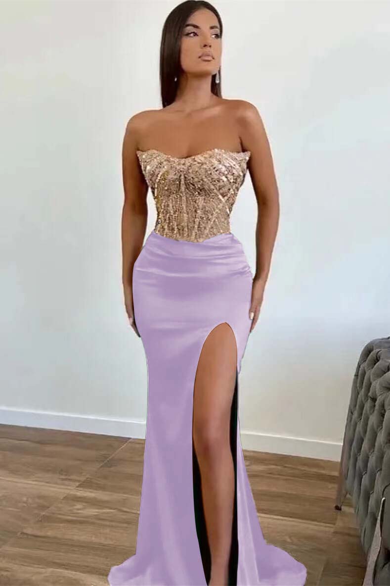  Dark Green Beaded Mermaid Prom Dress Strapless Slit Sequins Gown