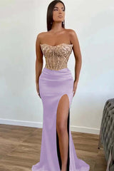  Dark Green Beaded Mermaid Prom Dress Strapless Slit Sequins Gown