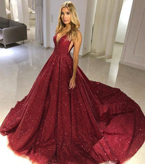 Burgundy V-Neck Sequins Prom Dress Sleeveless Princess Dress