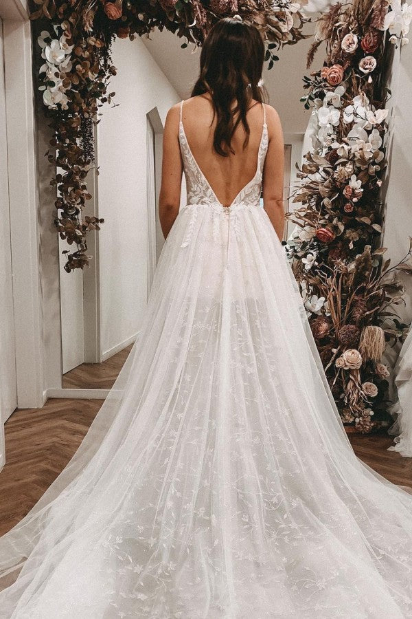 Elegant V-neck A-line Long Wedding Dress with Open Back and Lace Tulle Slit