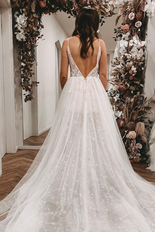 Elegant V-neck A-line Long Wedding Dress with Open Back and Lace Tulle Slit