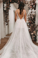 Elegant V-neck A-line Long Wedding Dress with Open Back and Lace Tulle Slit