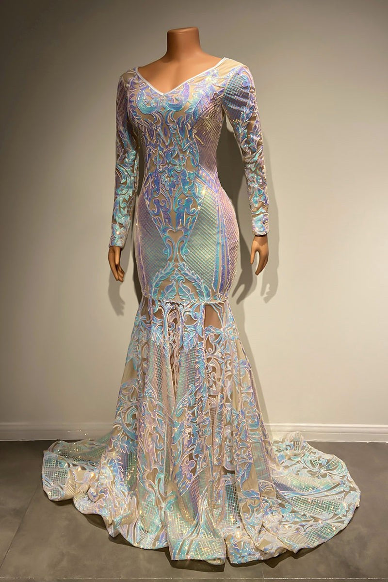 Chic V-Neck Long Sleeves Prom Dresses Mermaid With Shiny Sequins