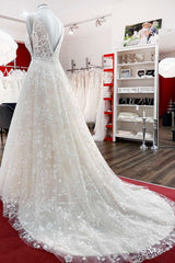 Elegant A-Line Lace Wedding Gowns with Open Back and Tulle Appliques