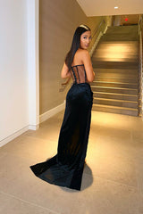 Black Evening Dress Sleeveless Strapless Mermaid Long Slit Pleated