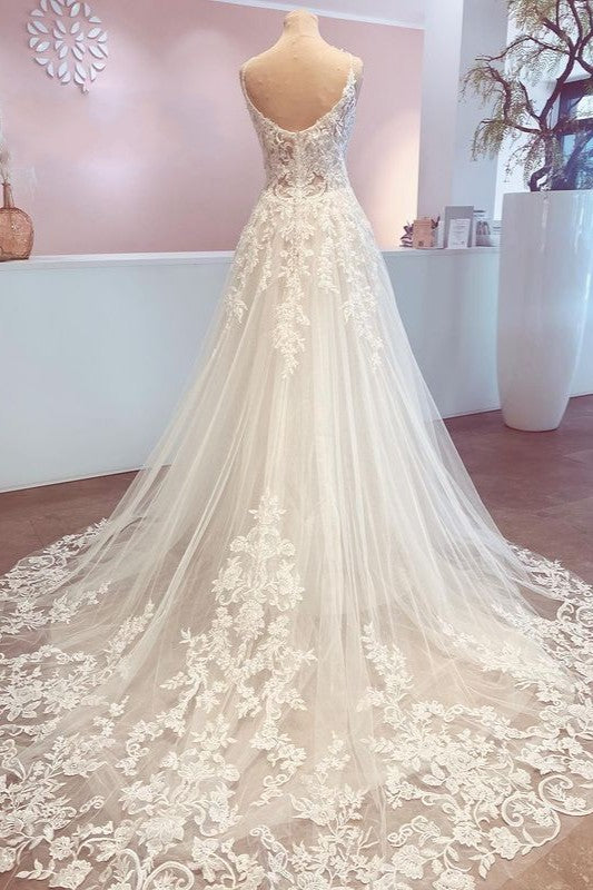 A-Line Wedding Gown with V-Neck Lace