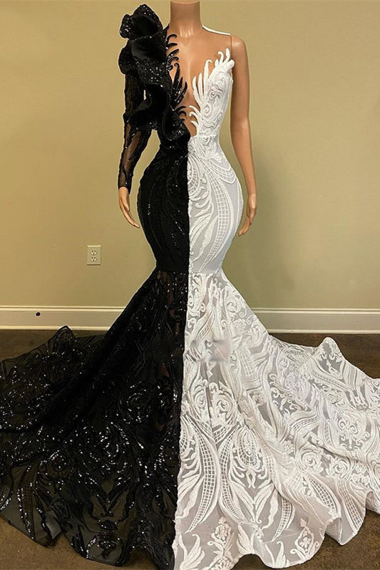 Stunning Black and White Sequins Lace Prom Dress Mermaid Long Sleeves